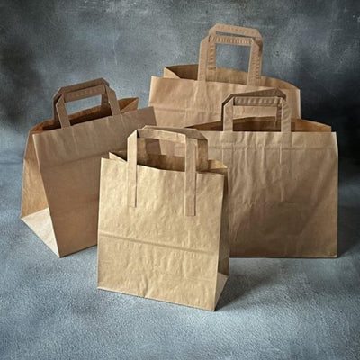 Wholesale Flat Handle Wide Base Brown Paper Carrier Bags