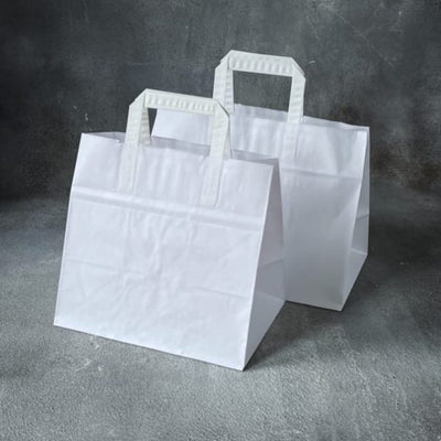 Wholesale White Flat Handle Wide Base Paper Bags