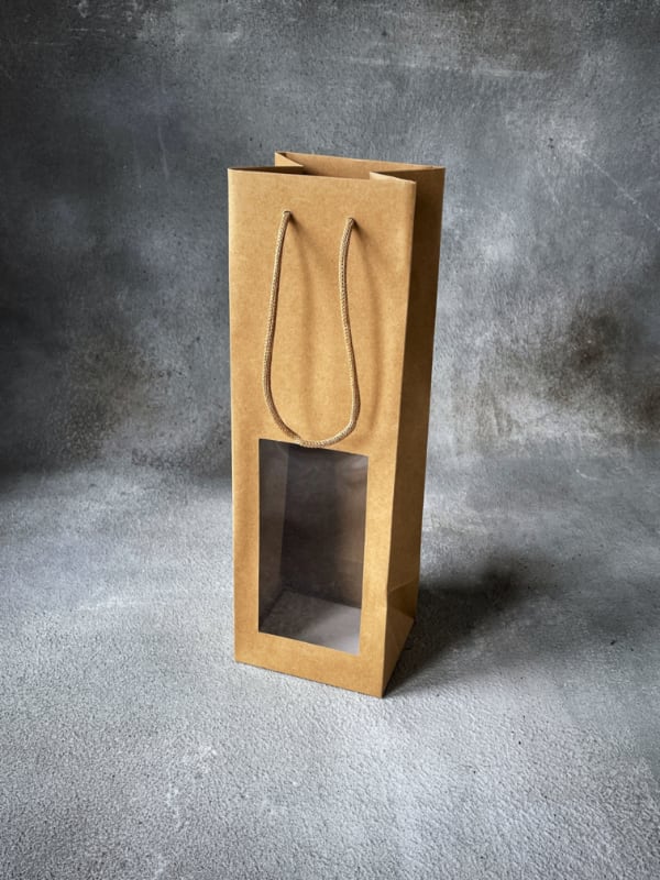 Kraft Bags - Premium White Single Wine Bottle Gift Bag - Black Ribbon Handles - View #5