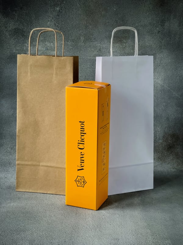 Kraft Bags - Premium White Single Wine Bottle Gift Bag - Black Ribbon Handles