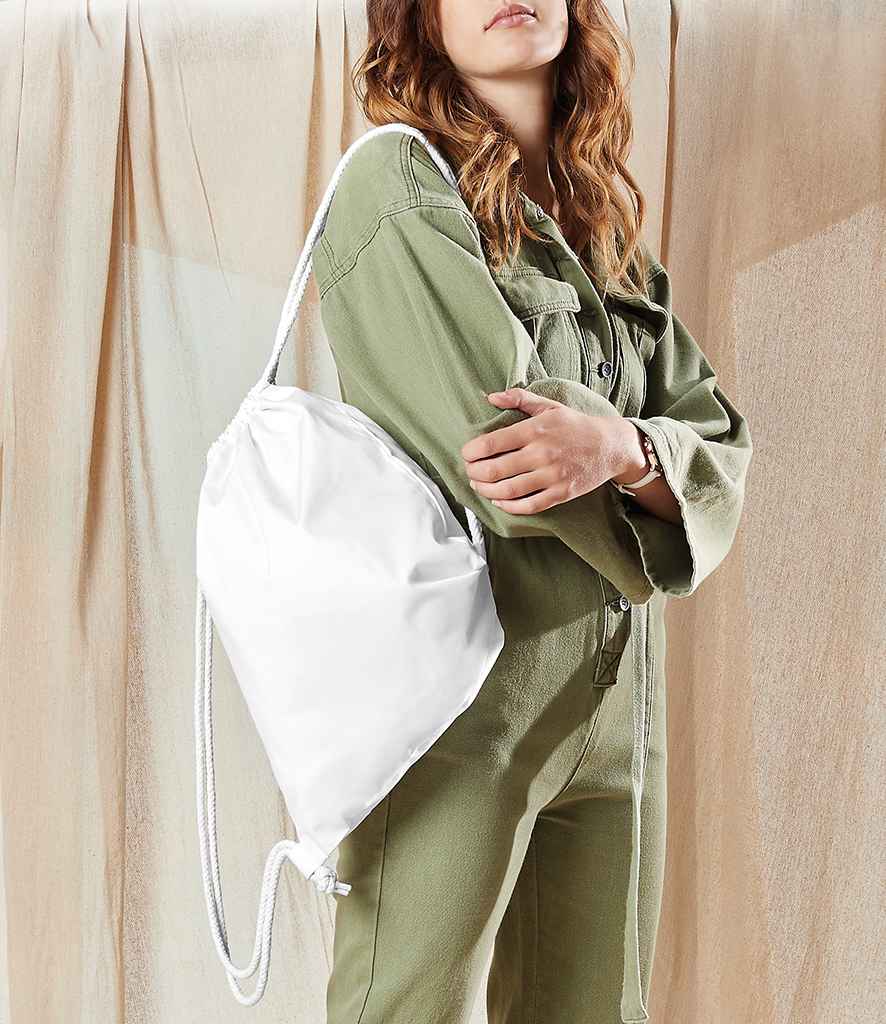 model holding Westford Mill Premium Cotton Gymsac white